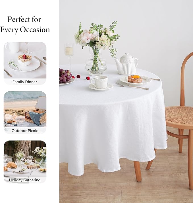 Linen World Linen Tablecloth, 100% French Linen Round Tablecloth 90" Inch, Washable White Tablecloth for Dining, Outdoor, Weddings and Restaurants, Decorative Valentine Easter