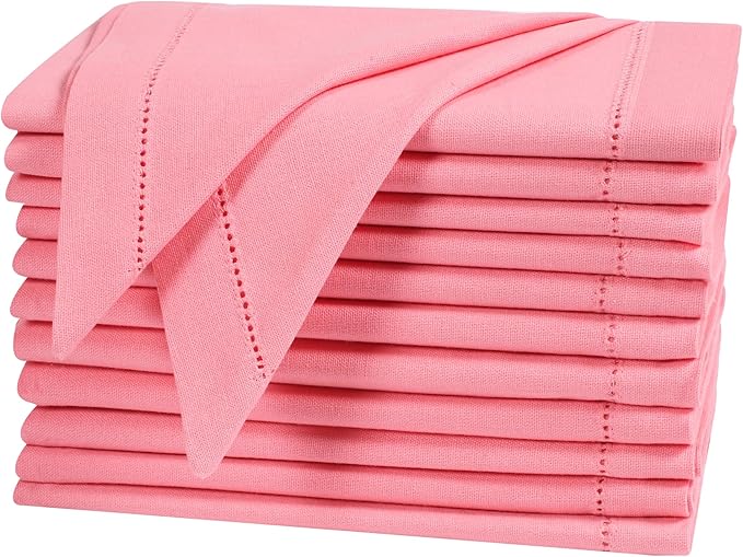 Bedding Craft Cotton Cloth Dinner Napkins Set of 12 – 18x18 Dianthus Pecan Hemstitched – Reusable Machine Washable Fabric Napkins for Weddings, Parties & Everyday Dining