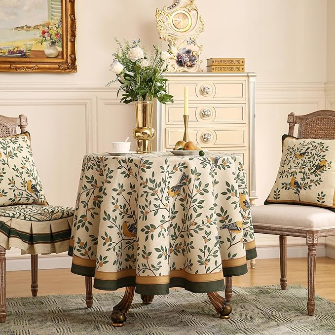 patdrea Designer Floral Linen Table Cloth Durable Breathable Tabletop Cover Dacorative Kitchen Dining Tablecloth for Round Tables for Kitchen Dining Parties,Holiday Christmas,Diameter 67"