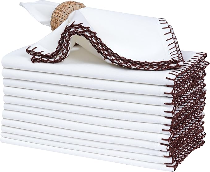 Bedding Craft Cotton Cloth Dinner Napkins Set of 12 – 18x18 Hot Chocolate Brown Cloth Napkins with Blanket Stitch Selvedge – Reusable Fabric Napkins for Wedding Receptions, Dining & Table Décor