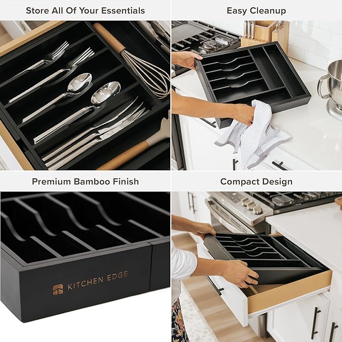 KitchenEdge Premium Silverware, Flatware and Utensil Organizer for Kitchen Drawers, Food-Safe Contract Grade, Expandable from 14.5 to 25 In, Black Bamboo