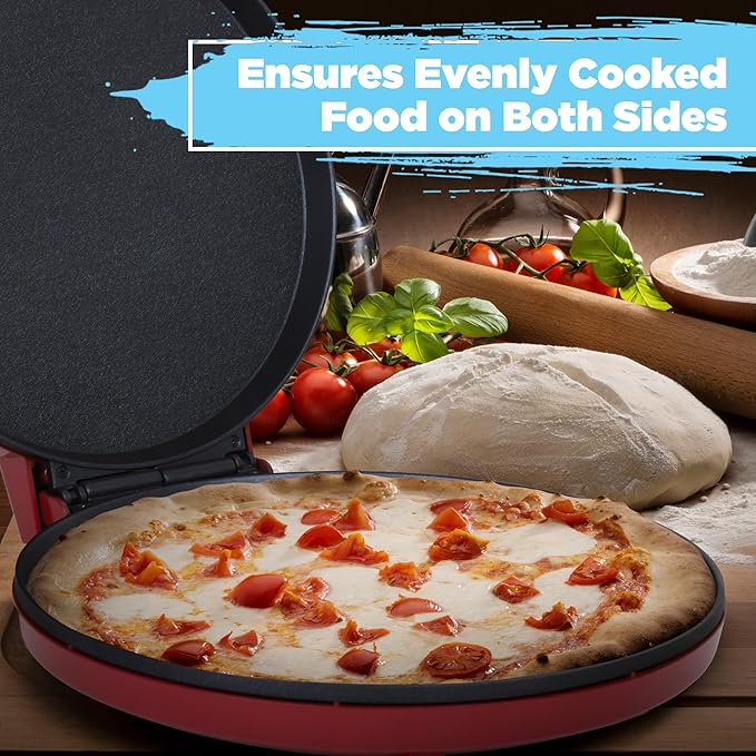Courant Pizza Maker 12 inch Pizzas Machine, Newly improved Cool-touch Handle Non-Stick plates Pizza oven & CalzoneMaker, Electric Countertop Oven for Home or School, 12” Indoor Grill/Griddle, Red