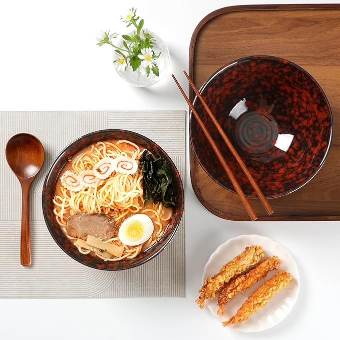 NUTRIUPS 8 Inch Ceramic Ramen Bowl Set of 2 Pho Bowls 40oz Japanese Noodle Udon Soup Bowls with Spoons and Chopsticks (Lava Burst Red)