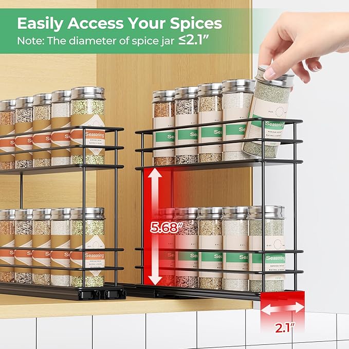 Pull Out Spice Rack Organizer for Cabinet, Slide Out Spice Racks, Easy to Install Spice Cabinet Organizers, 2.1''Wx10.35''Dx8.26''H, 2 Drawer 2 Tiers(Black)