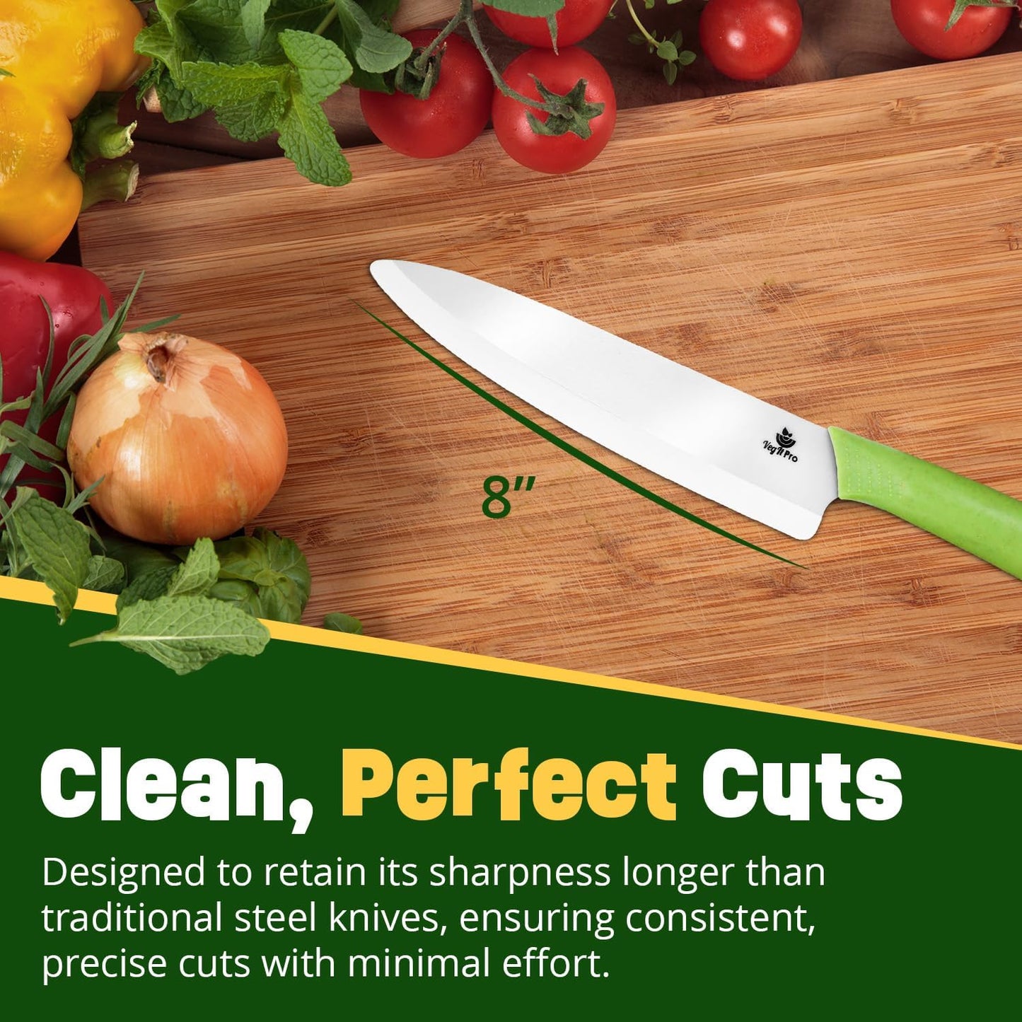 Durable Ceramic Knife for Chopping Vegetables & Fruits, 8” Non-Reactive and Professional Ceramic Chef Knife for Clean Cutting, Rust-Proof Sharp Blade with Ergonomic Handle, Gift-Ready Kitchen Knives