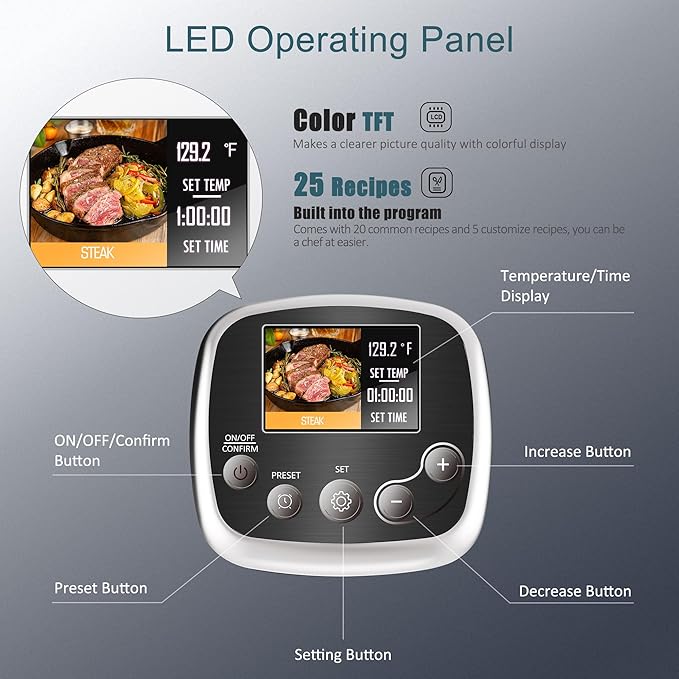 KitchenBoss Sous Vide Cooker Machine: Ultra-quiet Sous Vide Precision Cooker Built-in TFT Color Recipes, 1100W Sous-vide Immersion Circulator, Brushless Motor IPX7 Waterproof Stainless Steel