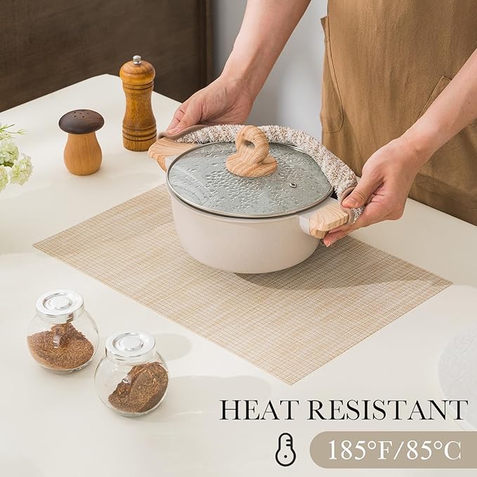 BACKTOEDEN Placemats Set of 8 Heat Resistant Washable Wipeable Placemat Woven Non-Slip Foldable Vinyl/Plastic Place Mats Indoor/Outdoor Mat Kitchen Dining Table Pad, Beige Silver Line