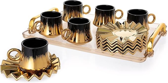 Turkish Coffee Cup Set of 6 with Saucers & Tray - Luxury Arabic Greek Japanese Marble Ceramic Tea Cups for Espresso Cappuccino Latte Mocha, Ideal Gift - 6.7oz, Black Gold