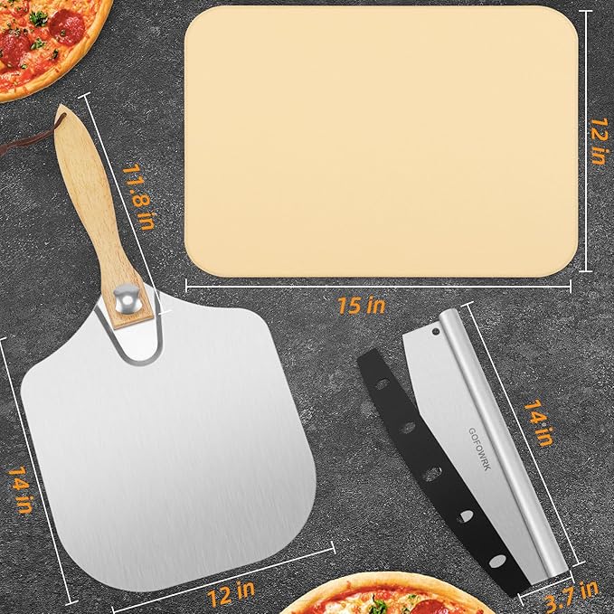 GOFOWEK Pizza Stone 5 PCS Set, 15 x 12" Large Rectangle Pizza Stone Set for Oven and Grill with Metal Pizza Peels & Cutter Rocker, 0.6'' Thickened Stone Pizza Pan, Baking Stone for Pizza, Bread