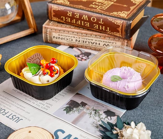 60 Pack Mini Cake Pans with Lids Mini Aluminum Pans, Disposable Loaf Pans Cupcake Liners with Lids for Pudding, Souffle, Party, Wedding(Black Gold, 10 oz)