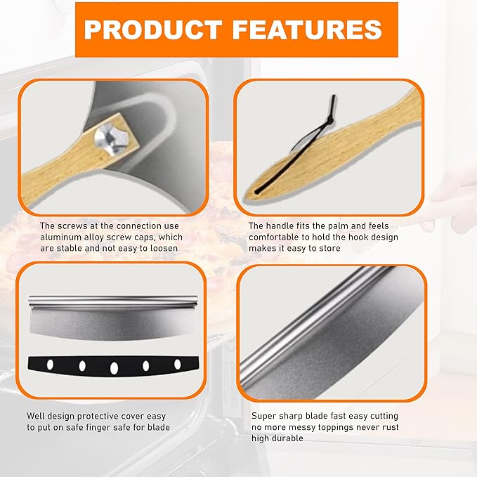 Aluminum Metal Pizza Peel (12" X 14"), Pizza Spatula with 14’’ Rocker Cutter, Pizza Paddle with Foldable Wooden Handle for Easy Storage, Pizza Spatula Paddle for Indoor & Outdoor Ovens