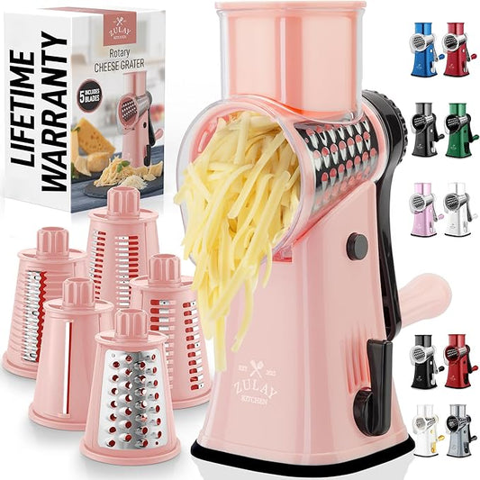 Zulay Kitchen Rotary Cheese Grater 5 Blade Cheese Shredder - Manual Hand Crank Cheese Grater With Reinforced Suction & 5 Interchangeable Drums - Easy to Use, Vegetable Chopper Round Mandoline Slicer