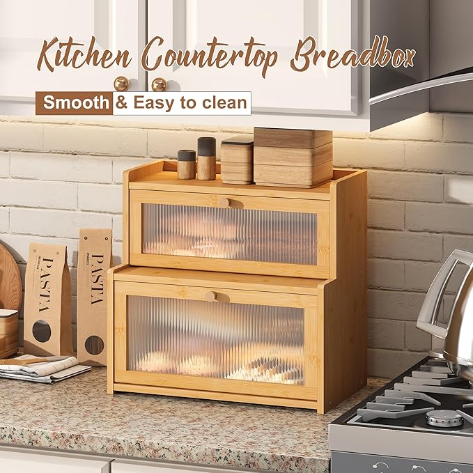 FILWH Bread Box for Kitchen Countertop Double Layer Large Corner Bread Box Capacity Bread Storage Bin Farmhouse Breadbox Container Organizer Cabinet Cupboard Nature