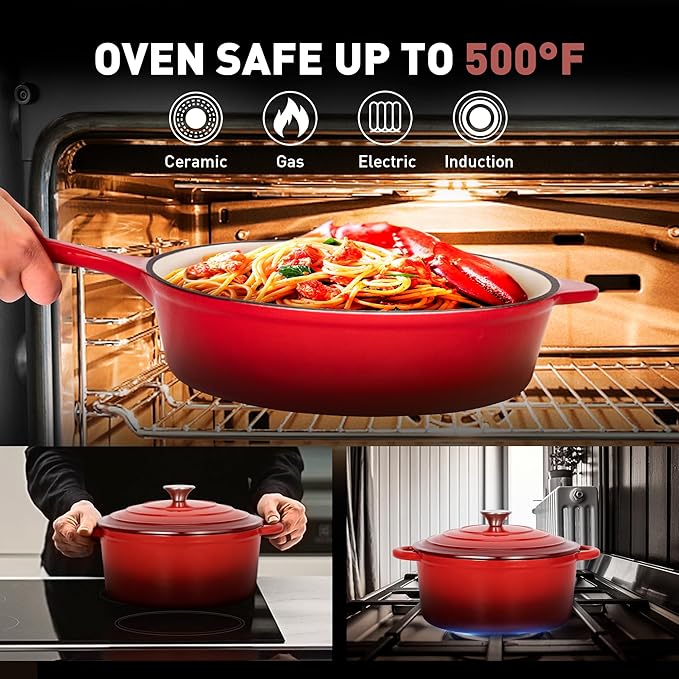 DishDelight Enameled Cast Iron Cookware Set, 7 Piece Set of Dutch Ovens, Sauce Pan, Skillet, 3 Lids, Ceramic Coated Cast Iron Dutch Oven Set, Pots and Pans Set Nonstick, Red