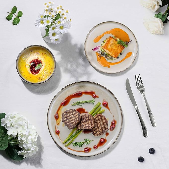Herogo Stoneware Plates and Bowls Sets for 4, 12 Pieces Modern Round Dinnerware, Reactive Glaze Dishes Set for Kitchen, Chip Resistant, Microwave & Dishwasher Safe, Cream Khaki