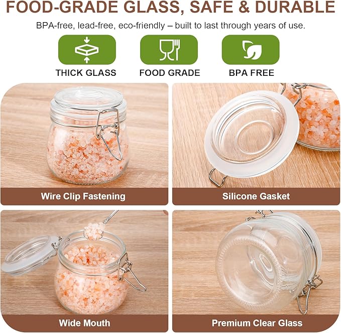 17oz Airtight Glass Jars with Lids, Set of 6 Small Food Storage Containers & Canisters, Clear Mason Jars with Wire Clip Seal for Canning, Pickling & Kitchen
