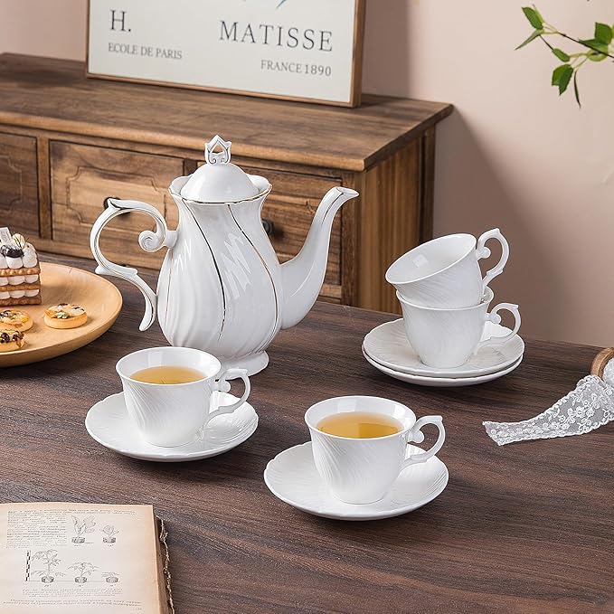 Tea Cups Set Of 4, Tea Cup And Saucer Set,6oz for Tea,Coffee, Latte, Cafe Mocha, Porcelain Tea Party Set (Pure white set of 4)