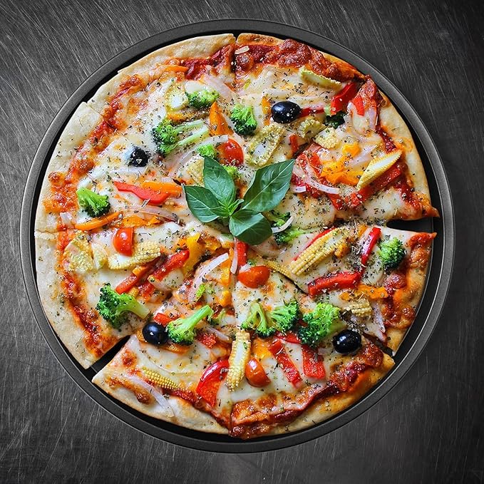 DecorRack 13 Inch Carbon Steel Pizza Pan, [Premium] Non-Stick Coating, Commercial Grade, Serving Tray, Heavy Duty Round Baking Tray for Oven Use (3 Pack)