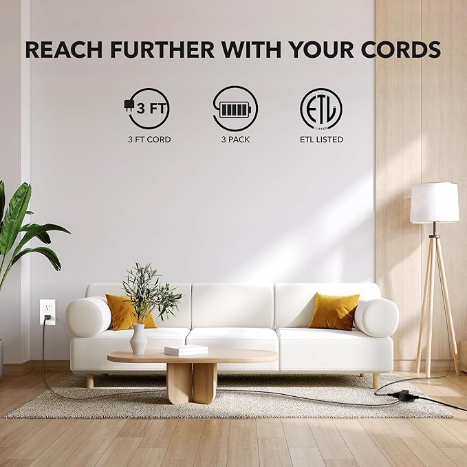 HBN Extension Cord, 3-Pack 3FT Brown, 2 Prong Indoor Extension Cord 16/2 SPT-2, 13A, 1625 W, 3-Outlet Extension Cords for Home/Office Use