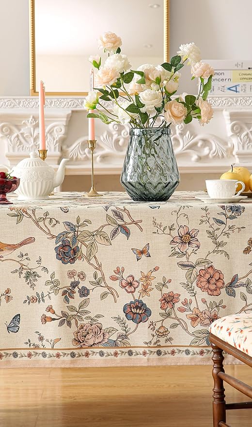 French Tablecloth for Rectangle Tables,Linen Table Cloth with Flowers and Birds Pattern,Heavy Durable Table Cover for Dining Thanksgiving Kitchen Decor Party Banquet Christmas,63"*110"