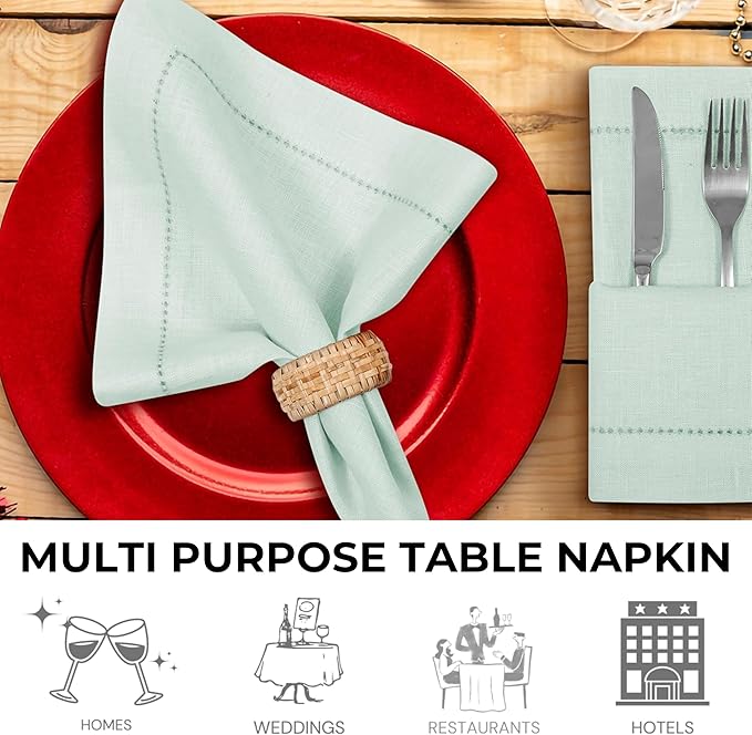 BEDDING CRAFT Set of 4 Hemstitch Pastle Blue Cloth Dinner Napkins 100% Linen - Soft Durable Washable -Ideal for Events Wedding Christmas Thanksgiving Newyear-Perfect Everyday Use Table Linen 18x18.