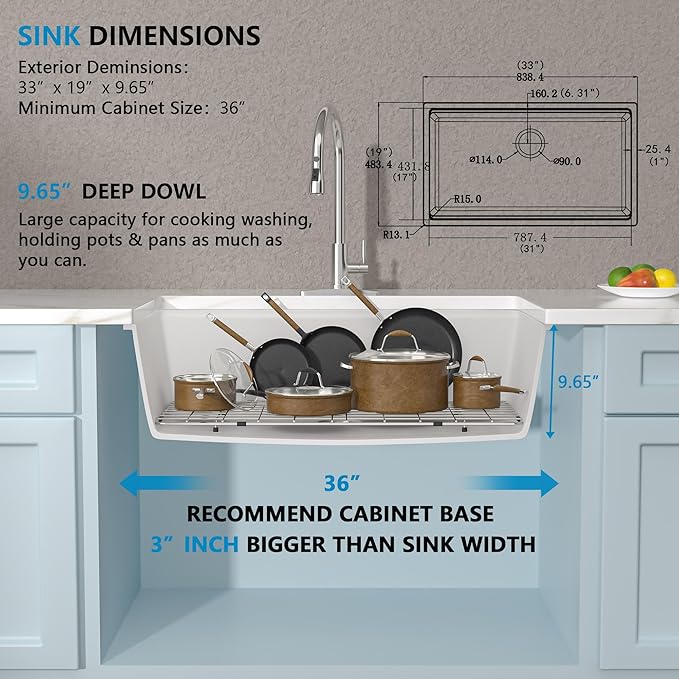 33 Granite Composite Kitchen Sink - Fulorni 33"x19" Kitchen Sink Undermount Ledge Workstation White Granite Quartz Composite Under Counter Single Bowl Sink Basin