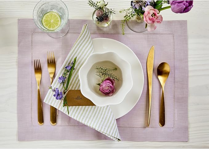 Solino Home Linen Placemats Set of 4 - Classic Hemstitch Lilac Placemats 14 x 19 Inch - 100% Pure Linen Table Mats