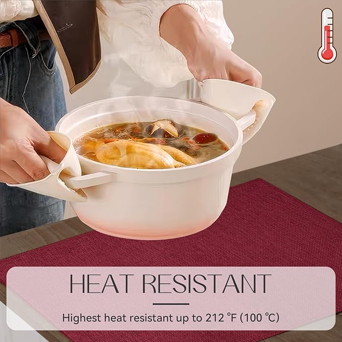 Romanstile Cloth Placemats Set of 8-12 x 18 Inch, Heat Resistant Double Layered Thickened Burlap Christmas Place Mats, Washable Faux Linen Farmhouse Table Mats for Kitchen/Dining/Party/Outdoor, Red