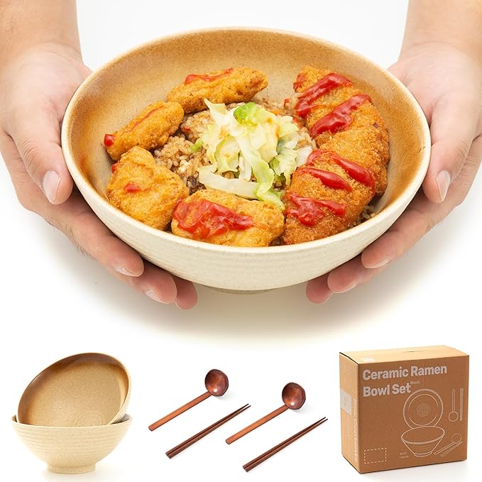 8 Inch Ceramic Ramen Bowl Set of 2, 40oz Japanese Bowls with Spoons & Chopsticks,Durable,Microwave & Dishwasher Safe,Perfect for Ramen,Pho,Salad,Soup,Noodles，Mixing bowls（Amber）