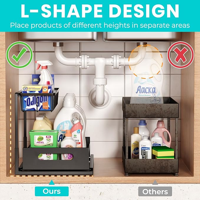 FUNFERY 2 Pack Under Sink Organizers and Storage,Pull-Out Cabinet Organizer,Under Kitchen Sink,Cabinet,Bathroom Organizers and Storage,L Shaped Pantry Organizer for Kitchen Storage Organization,Black