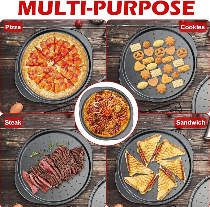 Pizza Pan for Oven - 13" Round Pizza Pans with Holes(2 Pack), Non-stick Carbon Steel Pizza Trays with Handle, Easy to Clean & Oven Safe