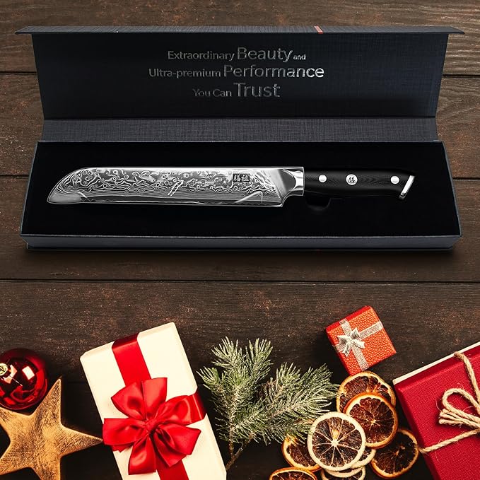 SHAN ZU Bread Knife 8 Inch Japanese Steel Damascus Serrated Knife Wave Edge, Professional Sharp 10Cr15Mov High Carbon Super Steel Cake Knife Bread Cutter with G10 Handle