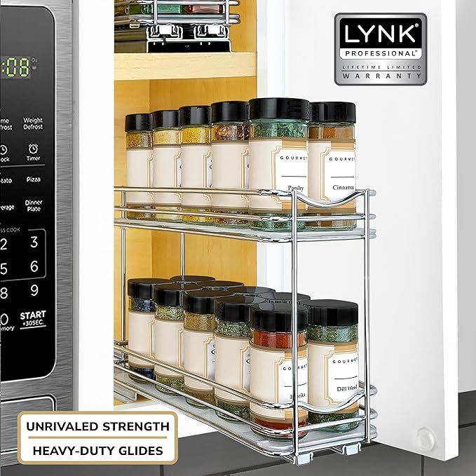 LYNK PROFESSIONAL® Pull Out Spice Rack Organizer for Inside Kitchen Cabinets - 4-3/8 inch Wide - Slide Out Drawer – Chrome Sliding Spice Cabinet Organization Shelf Racks - 2 Tier
