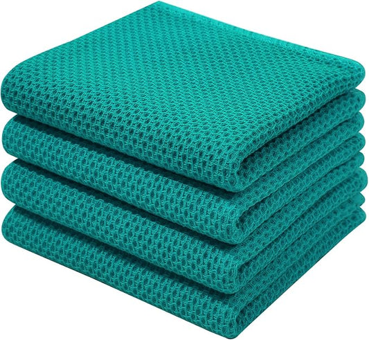 Homaxy 100% Cotton Waffle Weave Kitchen Dish Towels, Ultra Soft Absorbent Quick Drying Cleaning Towel, 13 x 28 Inches, 4-Pack, Teal