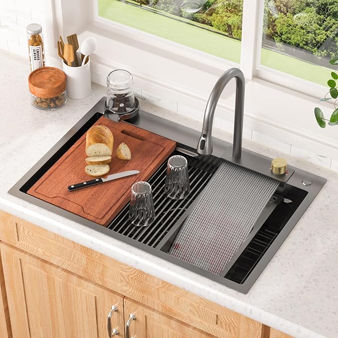 Lordear Waterfall Kitchen Sink 33 Drop In Kitchen Sink With Faucet Combo 33"x22" Workstation Gunmetal Black 16 Gauge Single Bowl Topmount Handmade Sinks with Pull Out Faucet, Glass Rinser