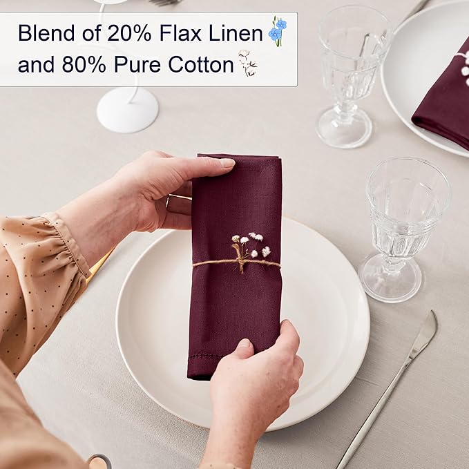 Ruvanti Premium Linen Napkins Set of 4-20x20 Inch, Classic Hemstitch, Mitered Corner Cloth Napkins ‎‎- Soft, Elegant Dinner Napkins Cloth Washable for Weddings, Parties, Everyday Use - Burgundy