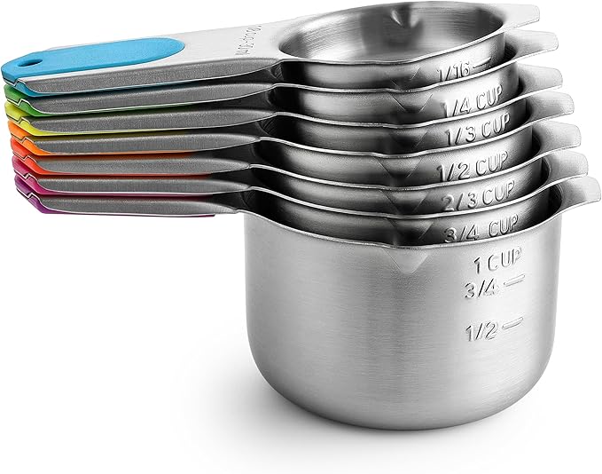 Spring Chef Magnetic Stainless Steel Measuring Cups, Patented, Kitchen Tools with Easy to Read Markings for Measuring Dry or Liquid Ingredients, Set of 7, Neon
