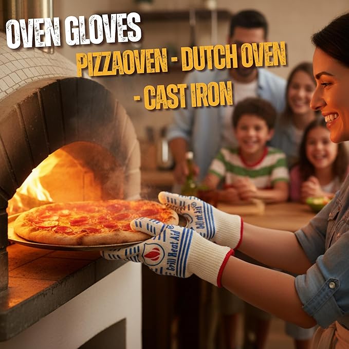 GRILL HEAT AID BBQ Grill Gloves 1472°F - Extreme Heat Resistant Oven Mitts for Grilling, Smoker & Fire Pit with Silicone Grip & EN407 Cut Resistance - Short Cuff, White & Blue