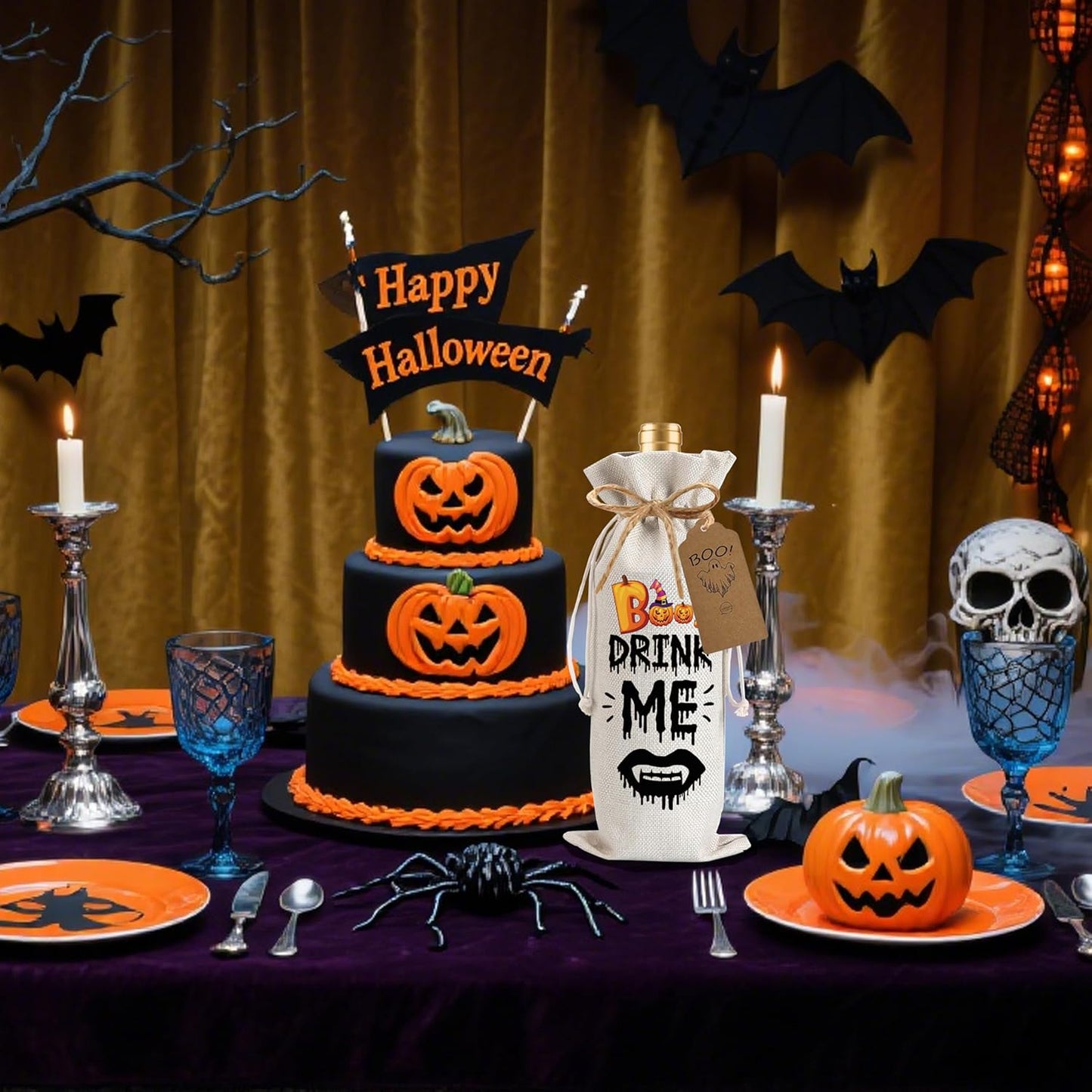 1Pcs Drink Me Gifts Wine Bag, Happy Halloween Wine Bag Halloween Party Decorations with 1Pcs Kraft Blessing Cards and natural jute rope