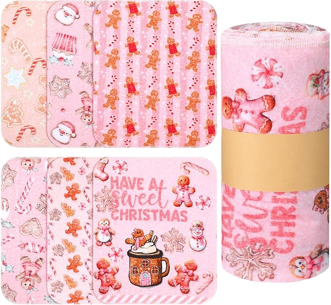 36 Pack Reusable Cleaning Cloths Washable Cotton Kitchen Dish Towels for Home Christmas Party Supplies Bulk, 9.84x11.81in (Pink Gingerbread)