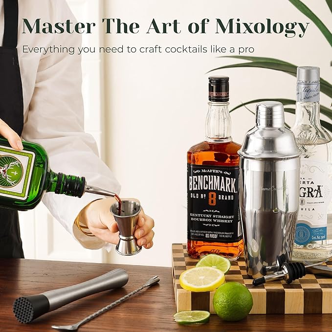 Cocktail Shaker Set, 24-Piece Bar Bartender Kit with Stand, Martini Shaker, Jigger, Strainer,Mixer Spoon,Muddler,Liquor Pourers,Tongs,Opener,LCE Ball Mold&LCE Cubes,Bottle Stoppers|Silver
