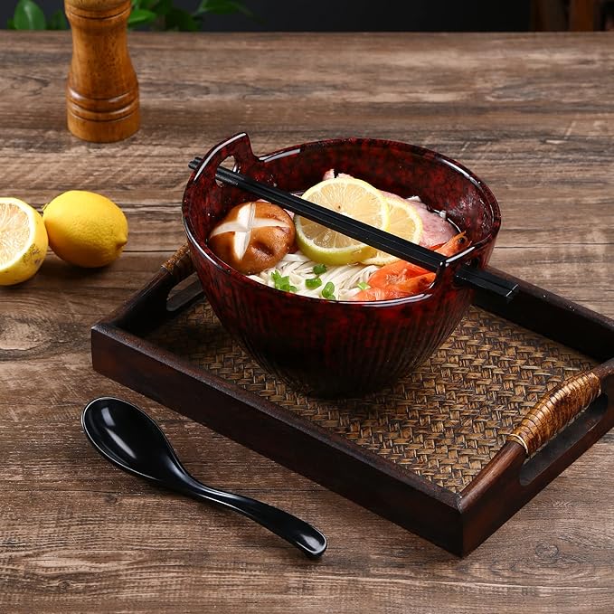Ramen Bowl with Chopsticks and Spoons, Ceramic Set of 2, Dishwasher Safe for Pho Udon Soba Noodle Salad Pasta, Special Reactive Glazed Crimson Bowls Set