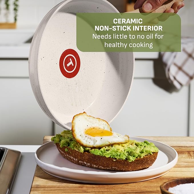 T-Fal Revive Ceramic Nonstick Cookware Set, Oven Safe Up to 350ºF, 12-Piece, Includes Stockpot, Saucepan, Skillet, Frying Pans, Utensils, Ceramic Pots and Pans Set, Beige Granite