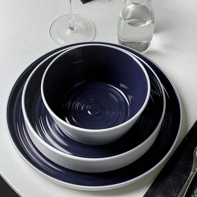 Stone Lain Elica 12-Piece Modern Dinnerware Set Stoneware, Plates and Bowl Sets for 4, Navy and White