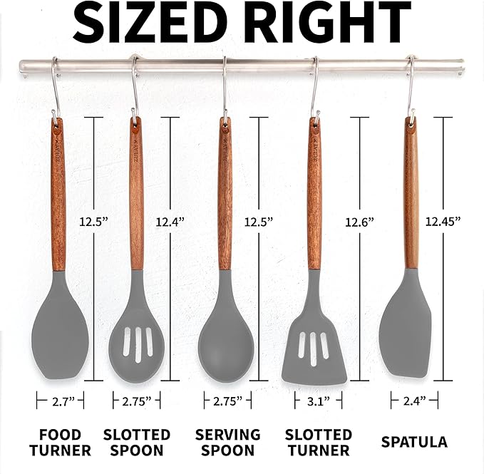 Zulay Kitchen Utensils Set Non-Stick Silicone Cooking Utensils Set with Authentic Acacia Wood Handles - 5 Piece Silicone Utensil Set - Kitchen Utensils Set with 464°F Heat Resistance - Gray