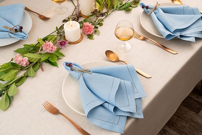 D'Moksha Homes Powder Blue Linen Napkins Set of 4 - Classic Hemstitch 100% Pure Linen Dinner Napkins Cloth 20 x 20 Inch for Fall, Thanksgiving, Holiday - Handcrafted and Machine Washable