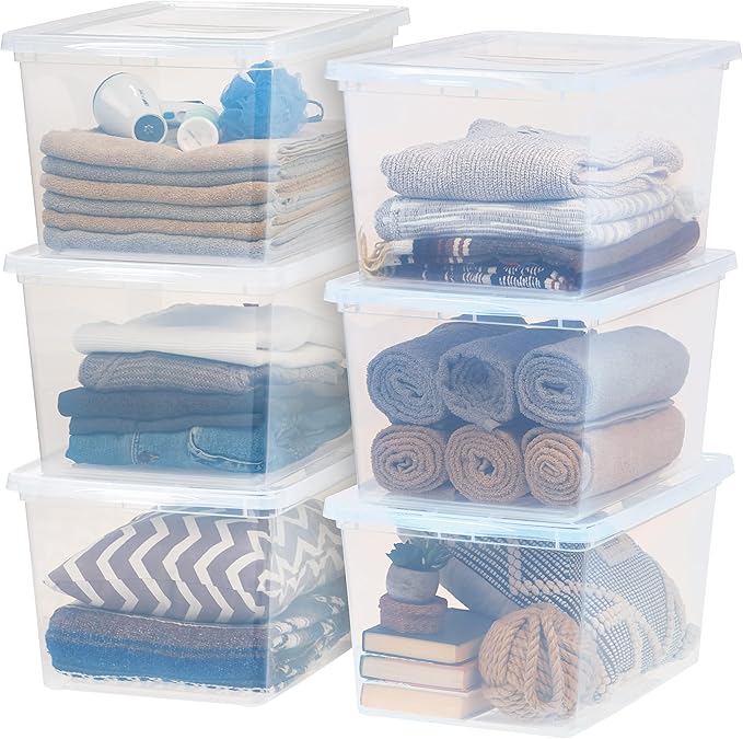 IRIS USA 6-Pack Storage Bins with Lids, 58 Quart, Clear Stackable Containers Box Organize Shoes Closet Shelves Clothes Blankets Towels - BPA-Free Plastic