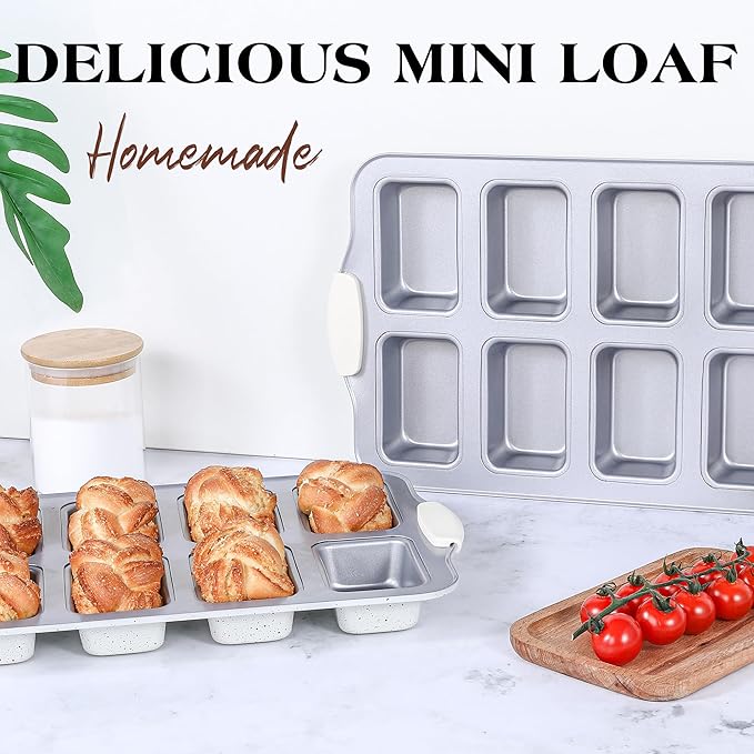 1 Pc Mini Loaf Pans for Baking 8 Cavity Nonstick Small Bread Pans Carbon Steel Tiny Meatloaf Tin with Handles (Cream)
