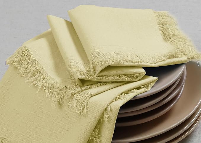 Bedding Craft Cotton Cloth Dinner Napkins Set of 12 – 18x18 French Vanilla Light Yellow with Fringed Corners – Machine Washable Fabric Napkins for Weddings, Baby Showers & Table Décor
