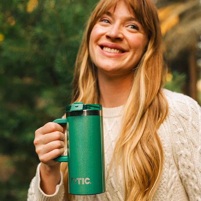 RTIC 20oz Road Trip Travel Mug with Lid and Handle, Ceramic Lined, Insulated, Stainless Steel, Metal, Double Wall Vacuum-Insulation, Portable Coffee, Tea Cup for Hot and Cold Drink, Pine Tree Glitter